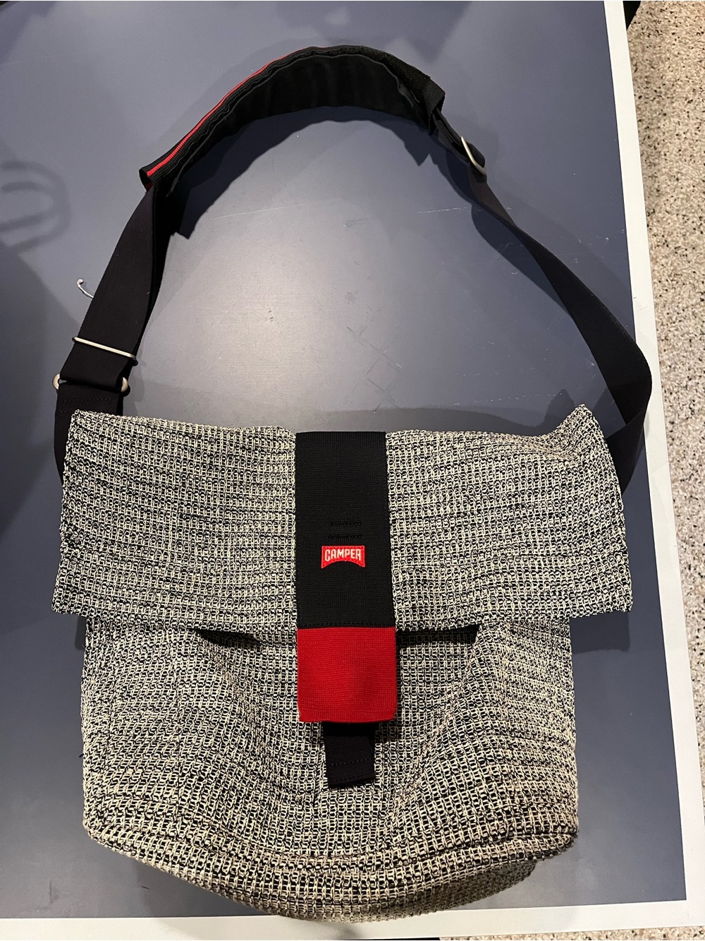Camper x Dai Fujiwara Mori Collection: Gray Messenger Bag with Red Accent